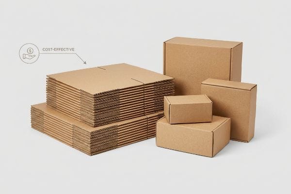 Displaying Cost-Effective corrugated boxes, showing flat-packed sheets and various assembled brown cartons.