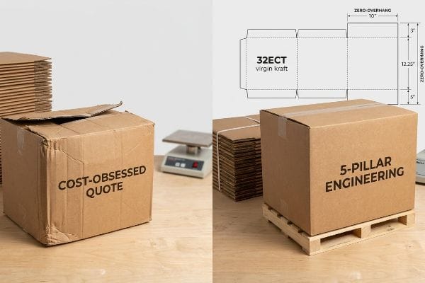 Damaged 'Cost-Obsessed Quote' box next to '5-Pillar Engineering' 32ECT virgin kraft box with zero-overhang diagram.