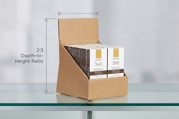 2:3 Ratio Counter Display Brown corrugated counter display box with a 2:3 Depth-to-Height Ratio, holding Nutribox Convention and Contrevention products.