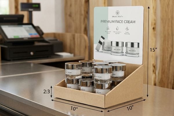 Cosmetic Countertop Display Ratio Kraft paper countertop display for Brand Growth Premium Face Cream, showing a 2:3 depth-to-height ratio (10x10x15 inches) for stability at checkout.