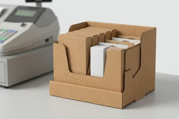 Una caja expositora de mostrador de cartón corrugado de flauta E de color marrón, llena de pequeñas cajas de productos para la venta al por menor, algunas con pestañas para colgar, cerca de una caja registradora borrosa.
