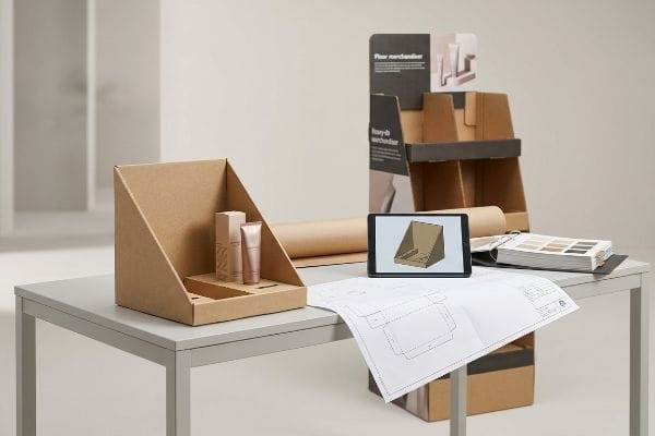 パッケージデザインプロセス 化粧品、3D CADモデルを表示するタブレット、およびフロアマーチャンダイザーの型抜き図面が置かれた、茶色のEフルート段ボール製のカウンタートップディスプレイ。.