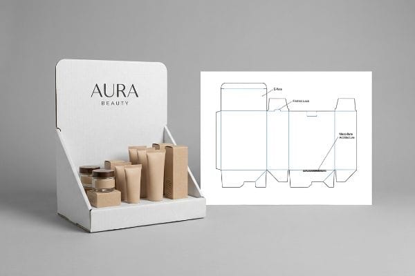 Countertop Display Dieline White corrugated E-flute countertop display for Aura Beauty cosmetics, with a technical dieline showing micro-flute architecture and friction lock.