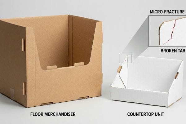 Brown corrugated Floor Merchandiser and white Countertop Unit, highlighting a Broken Tab with Micro-Fracture on the smaller display.