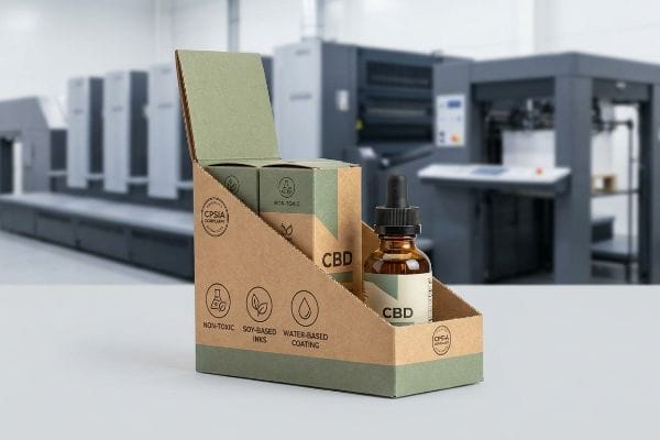 Kraft paper CBD display with amber dropper bottle, Cpsia Compliant, Non-Toxic, Soy-Based Inks, Water-Based Coating.