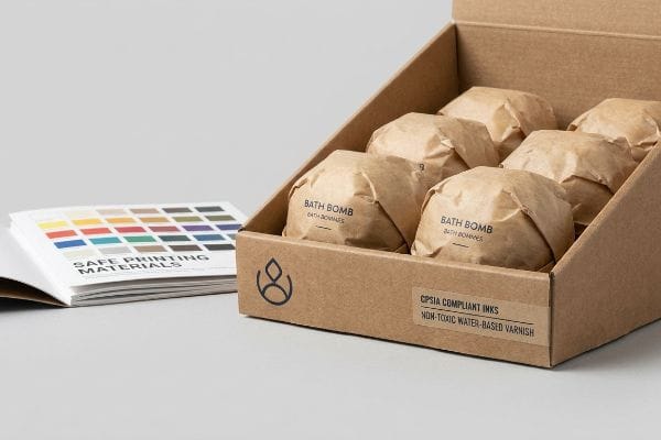 Compliant Bath Bomb Packaging Cardboard bath bomb display with "Cpsia Compliant Inks", "Non-Toxic Water-Based Varnish", and a "Safe Printing Materials" booklet.