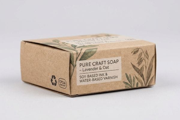 Lavender Oat Soap Box Eco-friendly kraft paper box for Pure Craft Soap Lavender & Oat, with soy-based ink, water-based varnish, and a CPSIA Compliant label.