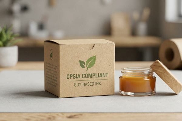 Brown cardboard box featuring green 'CPSIA Compliant Soy-Based Ink' text and a leaf logo, next to a glass jar of amber lip balm.