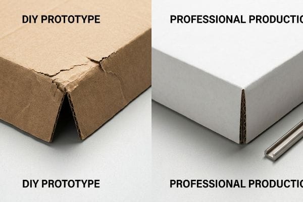DIY vs Professional Box Brown corrugated Diy Prototype box with cracked, rough folds contrasts with a Professional Production white box showing clean, sharp corners.