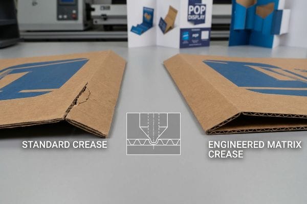 Matrix Crease Advantage Cracked Standard Crease on corrugated cardboard contrasted with a smooth Engineered Matrix Crease, highlighted by a creasing diagram.
