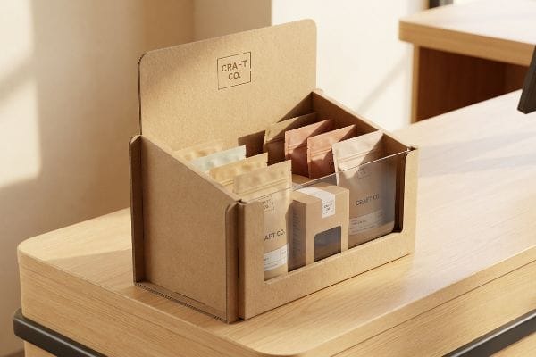 On a retail countertop, a Craft Co. kraft cardboard display box holds pastel product pouches and mini boxes for merchandising.