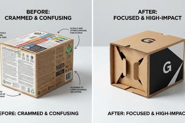 Crammed Confusing Packaging Cluttered brown cardboard retail box with small, illegible text, various logos, and arrows pointing to 'Illegible and others appearl for hilyncs'.