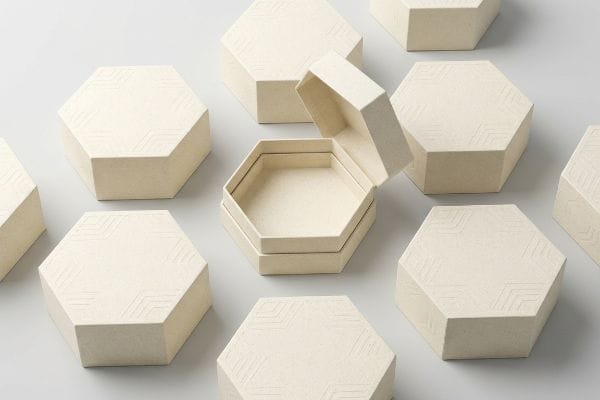 A collection of light cream hexagon boxes, one open to show its empty interior, arranged on a light grey surface, featuring subtle geometric patterns on their lids.
