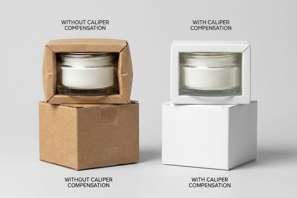 Caliper Compensation Packaging Brown box 'Without Caliper Compensation' with tight jar. White box 'With Caliper Compensation' with perfect jar fit.