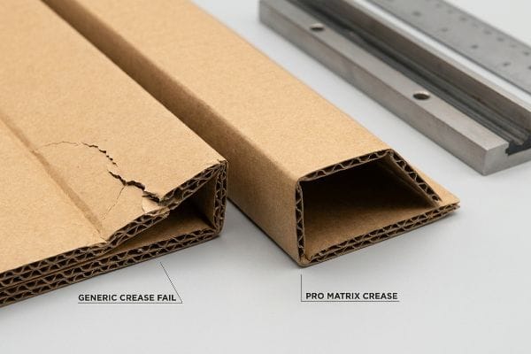 Pro Matrix Crease Quality Corrugated board comparison: Generic Crease Fail with litho-cracking versus a clean Pro Matrix Crease for crisp folds.