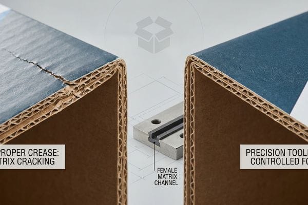 Matrix Cracking Solution Corrugated cardboard comparison: 'Proper Crease: Matrix Cracking' vs. 'Precision Tooled Controlled Fold', showing 'Female Matrix Channel'.