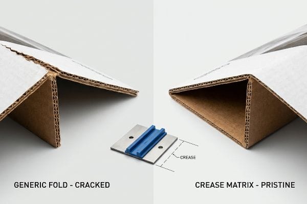 Corrugated board folds comparison: a cracked generic fold versus a pristine crease matrix fold, featuring a blue polymer creasing tool.