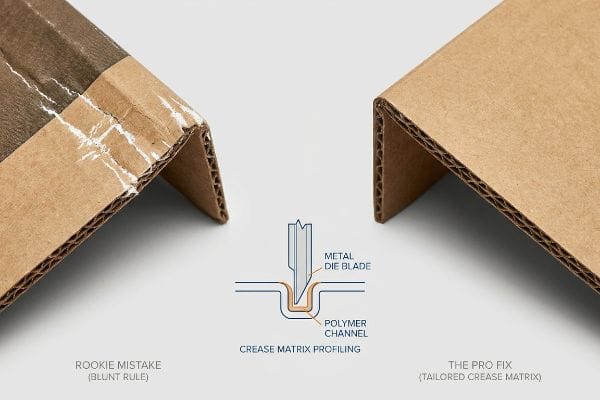 Corrugated cardboard comparison: Rookie Mistake (Blunt Rule) with litho-cracking vs. Pro Fix (Tailored Crease Matrix) with clean fold, showing Crease Matrix Profiling diagram.