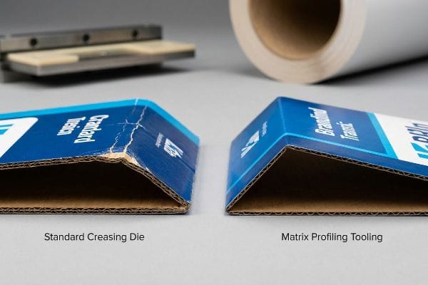 Corrugated board comparison: Standard Creasing Die shows severe ink cracking, contrasted with Matrix Profiling Tooling's pristine fold.