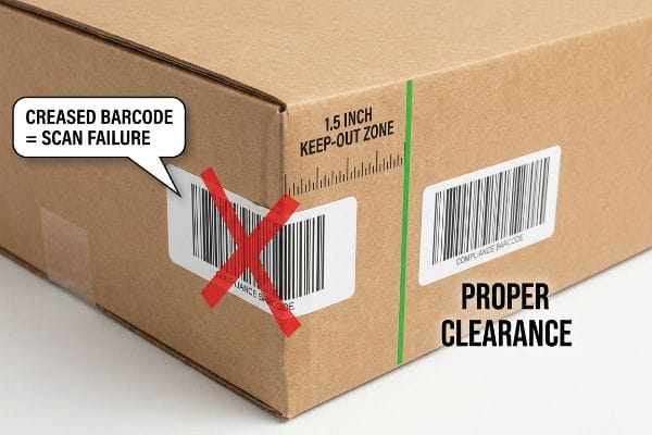Barcode Scan Failure Zone Brown cardboard box highlighting a creased barcode causing scan failure, next to a properly placed compliance barcode with a 1.5-inch keep-out zone.
