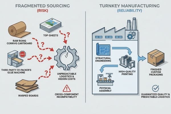 Fragmented vs Turnkey Sourcing A visual comparison infographic contrasts Fragmented Sourcing (Risk) with Turnkey Manufacturing (Reliability), detailing issues like Warped Boards and Cross-Component Incompatibility versus integrated Structural Engineering and High-Quality Printing for Finished Custom Packaging.