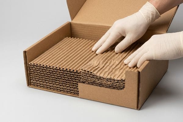 Corrugated Packaging Inserts Hands in white gloves adjust crumpled brown corrugated cardboard inserts inside an open shipping box, highlighting packaging material.