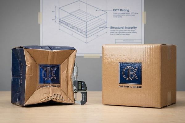 Packaging Structural Integrity Crushed Custom L. Board box and intact Custom R. Board box, with a micrometer showing 2.50, demonstrating structural integrity.