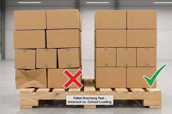 Test de débordement de palette Des cartons ondulés bruns sur une palette en bois illustrent le test de débordement de palette : chargement incorrect vs. chargement correct, mettant en évidence les cartons écrasés par le débordement et les piles correctement alignées.