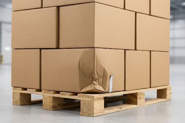 Brown corrugated master carton with a crushed corner on a wooden pallet, a white measuring tape visible, illustrating transit damage.