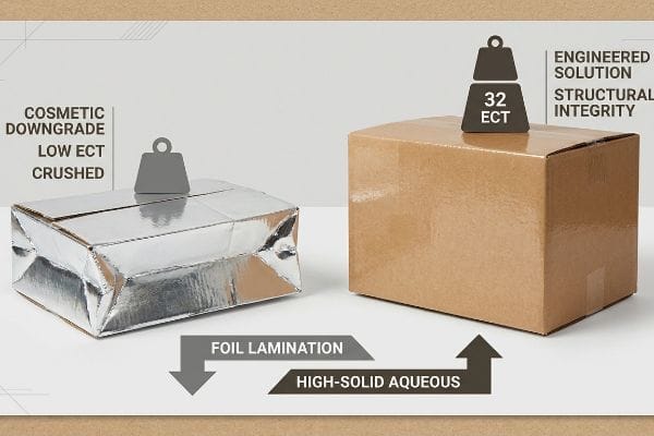 Crushed foil lamination box with Low ECT contrasts with an intact 32 ECT box featuring High-Solid Aqueous coating, highlighting structural integrity.