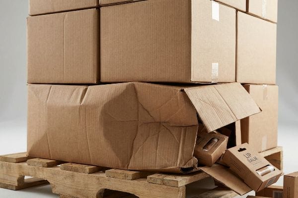 Crushed Lip Balm Shipping Box Crushed corrugated cardboard box on a wooden pallet, spilling Lip Balm product boxes, illustrating structural failure in shipping.