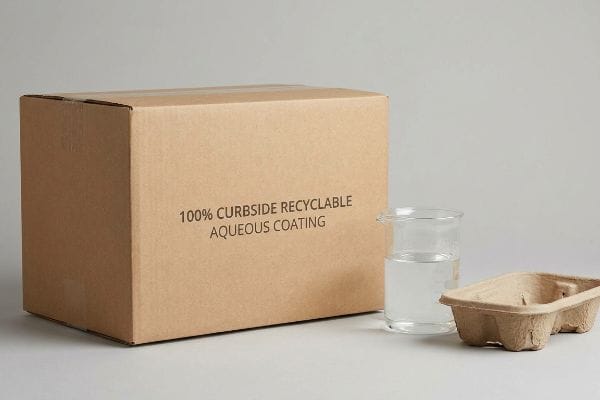 Brown corrugated box with '100% Curbside Recyclable Aqueous Coating' text, a beaker, and a molded pulp tray.