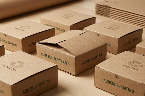 Eco-Friendly Packaging Boxes Brown eco-friendly packaging boxes with 'Aqueous Coating' and 'Curbside Recyclable' text, featuring the recycling symbol.
