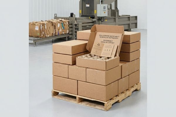 Brown corrugated boxes on a pallet, one open displaying '100% Curbside Recyclable Micro-Flute Technology' insert, in a warehouse.
