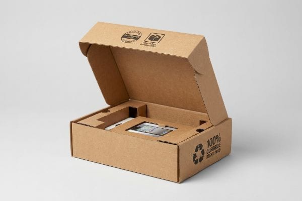 Brown corrugated e-commerce box, '100% Curbside Recyclable', 'Certified Recycled Content', paperboard inserts.