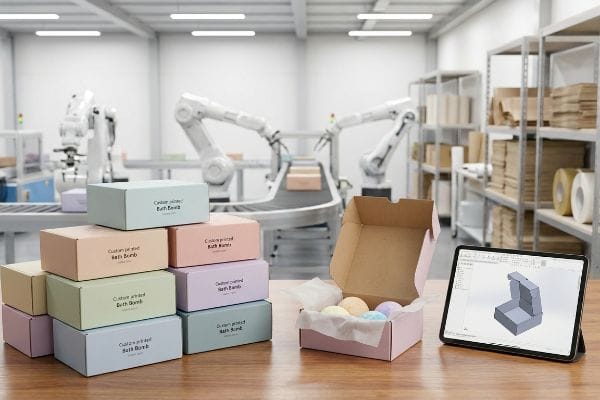 Custom Bath Bomb Packaging Automation Pastel 'Custom Printed Bath Bomb' boxes, an open box with bath bombs, and a tablet showing CAD design, in a robotic factory.