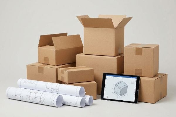 Custom Box Design Process Brown cardboard boxes, rolled blueprints, and a tablet displaying a 3D CAD model for custom packaging design.