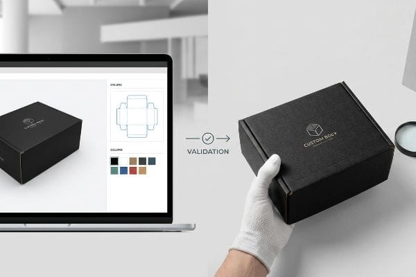 Box Design Validation A gloved hand holds a physical black Custom Box prototype, validating its design against a laptop's digital rendering and die-cut template.