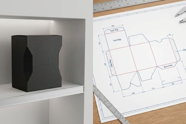 Custom Box Die-line Design Dark grey custom die-cut box with 'Stonelabs' logo on a shelf, alongside a packaging die-line blueprint detailing tuck flaps and glue areas.