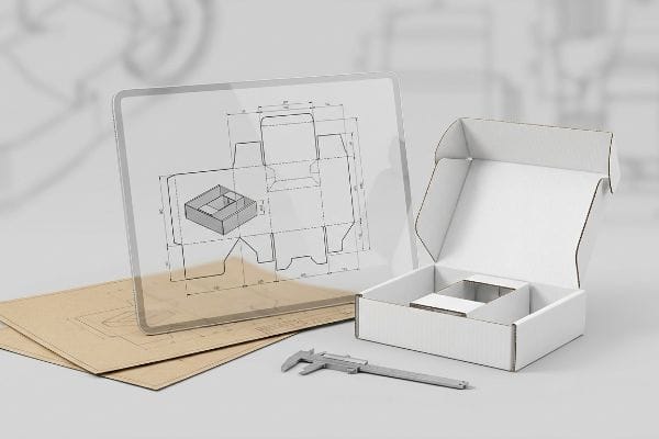 A clear acrylic sheet displays a CAD dieline for a custom corrugated box, alongside an open white box, brown papers, and a caliper.