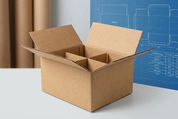 An open kraft corrugated box with internal dividers is shown, with a blue Dieline blueprint in the background, illustrating custom box engineering.