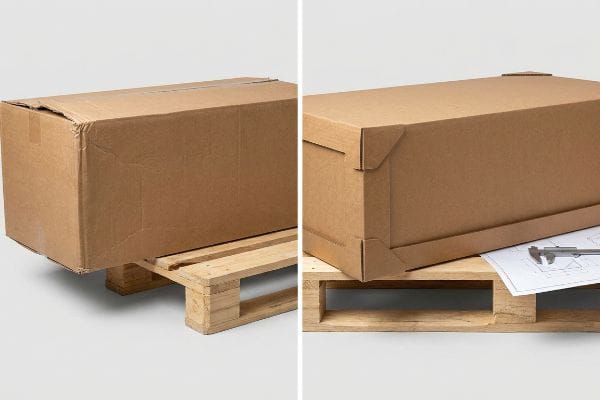 Brown cardboard boxes on pallets: a generic box with overhang versus a custom engineered box with precise fit, blueprint, and caliper.