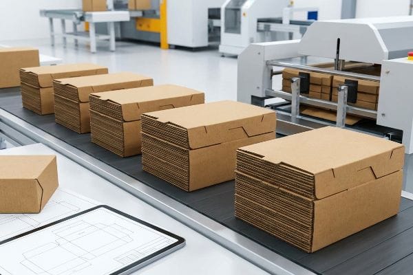 Custom Box Production Line Stacks of flat-packed brown cardboard boxes move on a conveyor belt in a packaging factory with an automated machine and box design diagrams.