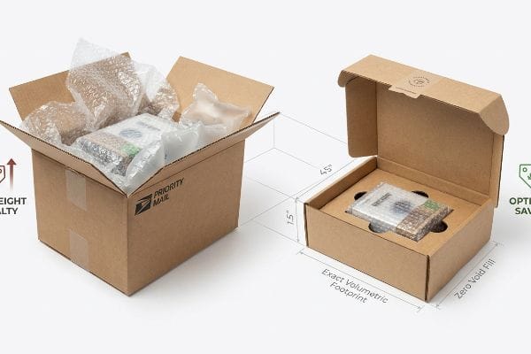 Benutzerdefinierte Box vs. Priorität Braune Wellpappkartons veranschaulichen die Effizienz des Versands: ein Priority Mail-Karton mit Luftpolsterfolie im Vergleich zu einem speziell angefertigten Karton mit exaktem Volumen und ohne Hohlraumfüllung.