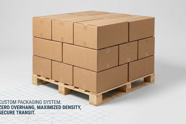 Brown corrugated boxes, precisely stacked on a wooden pallet, demonstrate Custom Packaging System: Zero Overhang, Maximized Density, Secure Transit.