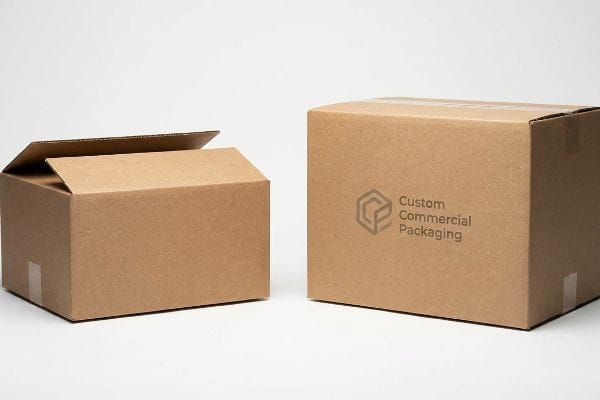 Brown corrugated cardboard boxes, one open, the other displaying 'Custom Commercial Packaging' logo on its side.