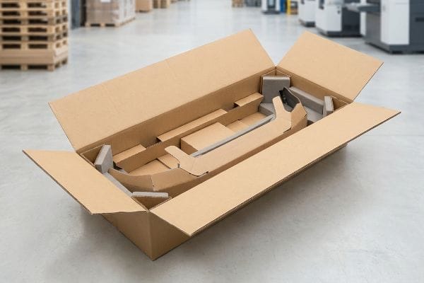 Custom Bumper Box Inserts An open corrugated shipping box with custom cardboard inserts designed for a car bumper, in a warehouse.