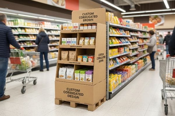 Custom Corrugated Display A Custom Corrugated Brown display box in a busy supermarket aisle, filled with packaged food products. The base reads Custom Corrugated Design.