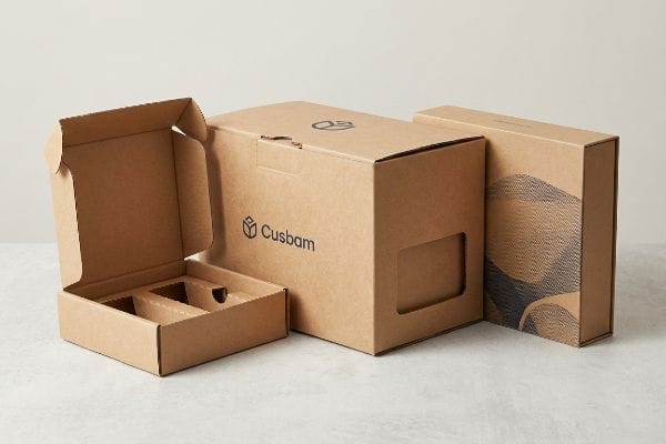 Custom corrugated packaging boxes: an open box with dividers, a Cusbam-branded box with a window, and one with an abstract design.