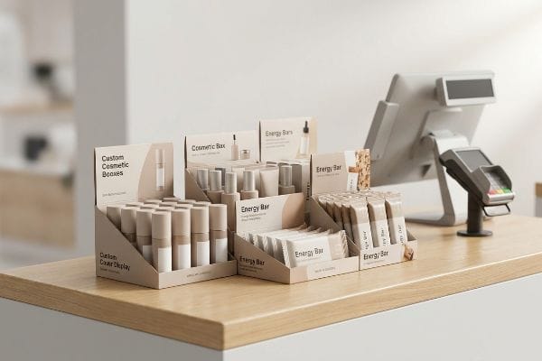 Custom Counter Displays A retail checkout counter features custom counter display boxes showcasing cosmetic products and energy bars, enhancing product visibility.